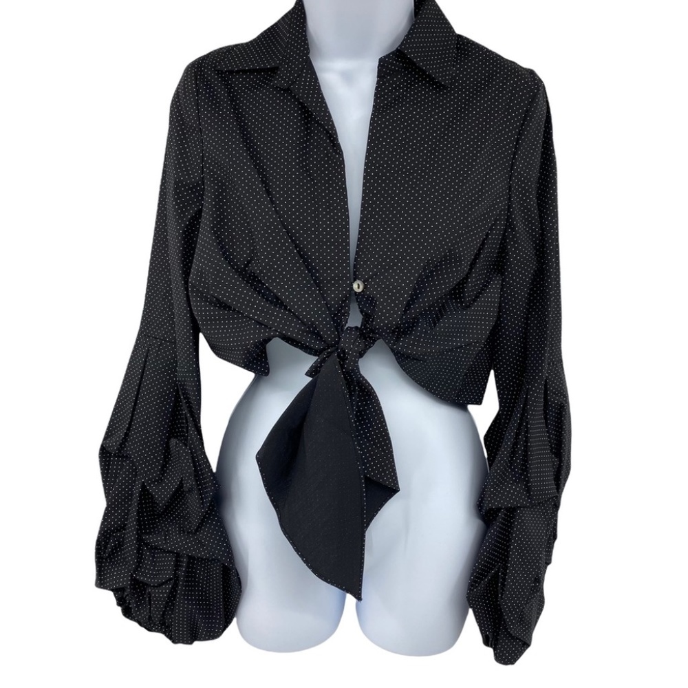Petersyn Silvia Black Polka Dot Long Sleeve Cropped Blouse with Puff Sleeve